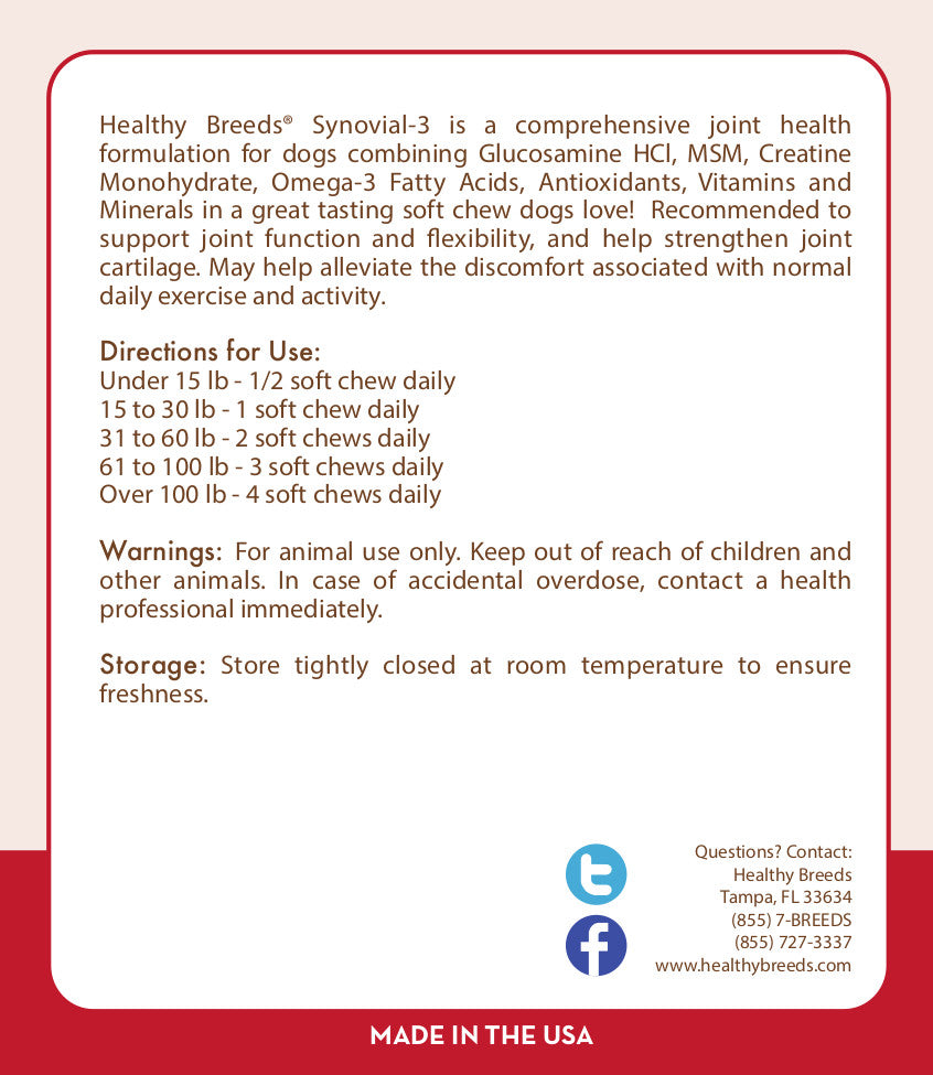 Welsh Springer Spaniel Synovial-3 Joint Health Formulation Soft Chews 120 Count
