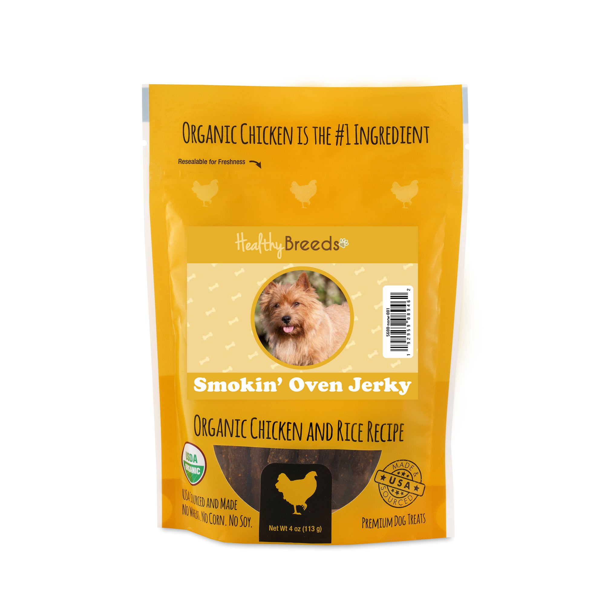Norwich Terrier Smokin' Oven Organic Chicken & Rice Recipe Jerky Dog Treats 4 oz